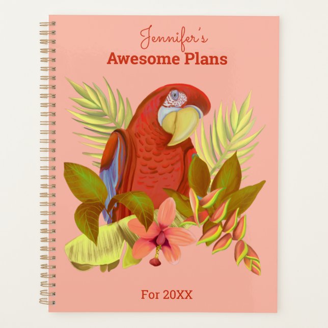 Personalisierte Pink Tropical Parrot Illustration Planer (Vorderseite)