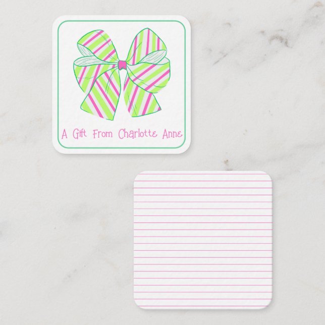 Personalisierte Pink- und Green Strip-Bow Mitteilungskarte (Vorne/Hinten)