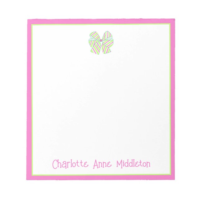 Personalisierte Pink- und Green Strip-Bow Notizblock (Vorderseite)
