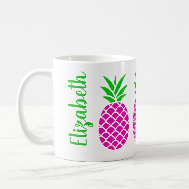 Personalisierte Pink und grüne Ananas Kaffeetasse (Links)