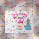 Personalisierte Prinzessin Birthday Jigsaw Puzzle<br><div class="desc">Machen Sie Ihren kleinen Prinzessinnen mit diesem anpassbaren Puzzle den Geburtstag ganz besonders! Dieses Puzzle ist mit einer wunderschönen Prinzessin in blauem Kleid, einem festlichen Kuchen mit blau-weißem Zuckerguss und einem hübschen Blumenhintergrund gestaltet und mit überdimensionalen Stücken ausgestattet. Personalisieren Sie es mit dem Namen Ihres Kindes für ein einmaliges Geschenk!...</div>