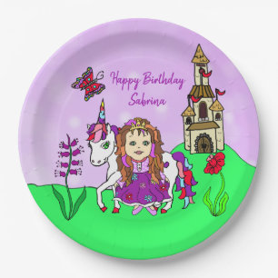 Personalisierte Prinzessin und Einhorn-Geburtstags Pappteller