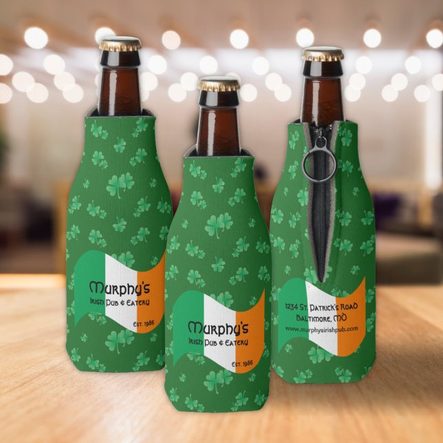 Personalisierte Pub & Eatery Irish Flag Kleeblatts Flaschenkühler (Personalized Pub & Eatery Irish Flag Shamrocks Bottle Coolers)