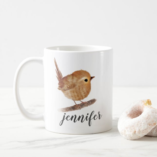 Personalisierte Quirky-Wren-Vogel-Tasse Kaffeetasse (Mit Donut)