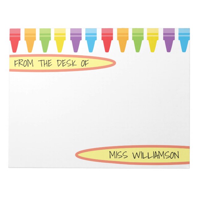 Personalisierte Rainbow Crayons Lehrerbewertung Notizblock (Vorderseite)