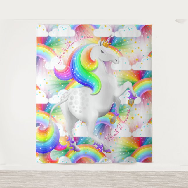 Personalisierte Rainbow Unicorn Princess Wandteppich (Vorderseite)