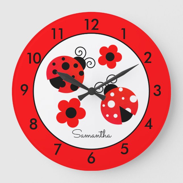 Personalisierte Red Ladybug Round Clock Große Wanduhr (Vorderseite)