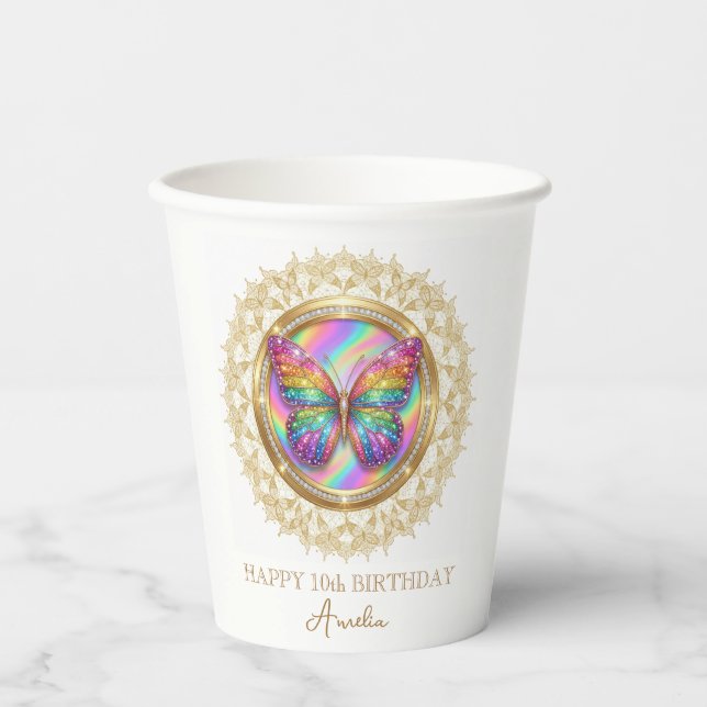 Personalisierte Regenbogen-Glitter-Schmetterling-S Pappbecher (Vorderseite)
