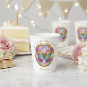 Personalisierte Regenbogen-Glitter-Schmetterlings- Pappbecher