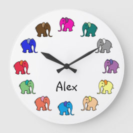 Personalisierte Regenbogenfarbene Niedliche Elefan Große Wanduhr