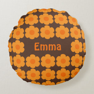 Personalisierte Retro-70er-Blume braun und orange Rundes Kissen