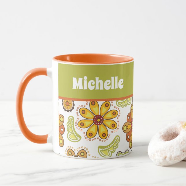 Personalisierte Retro-Blume Orange Green Tasse (Mit Donut)