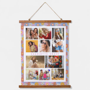 Personalisierte Retro-Blumen-10-Foto-Collage Wandteppich Mit Holzrahmen