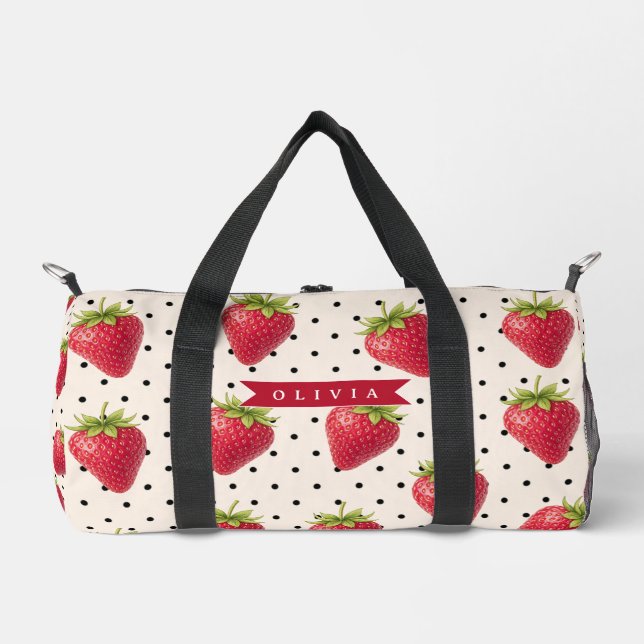 Personalisierte Retro Erdbeere Punkte Vintage Duffle Bag (Vorderseite)