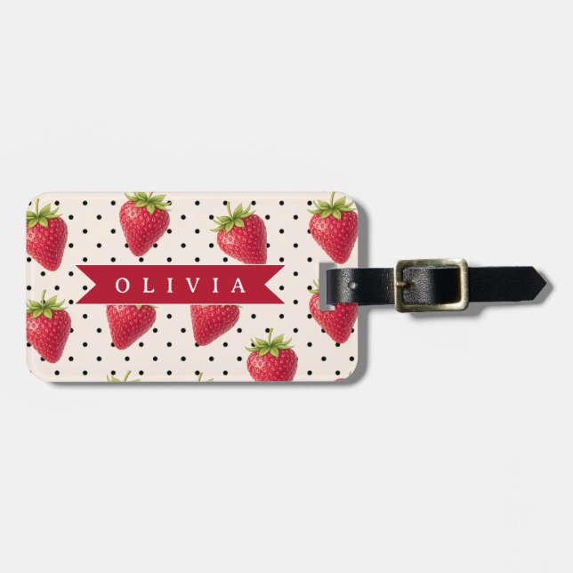 Personalisierte Retro Erdbeere Punkte Vintage Gepäckanhänger (Vorderseite horizontal)