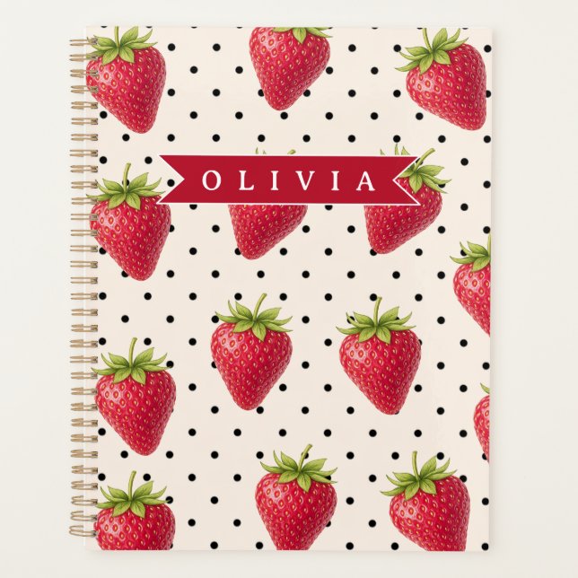 Personalisierte Retro Erdbeere Punkte Vintage Planer (Vorderseite)