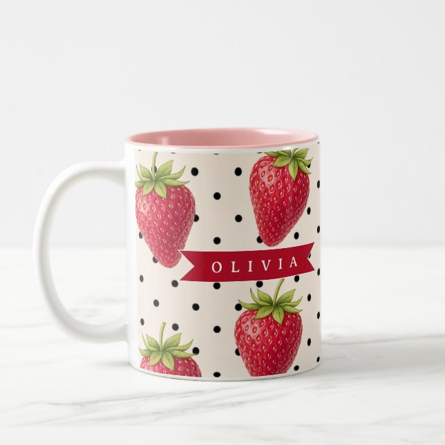 Personalisierte Retro-Erdbeere Punkte Vintage Zweifarbige Tasse (Links)