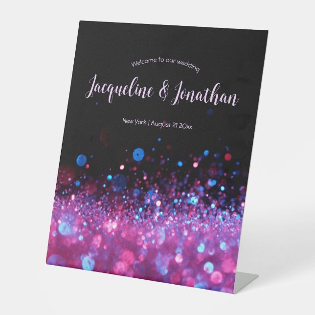 Personalisierte Retro Neon Pink Black Glitzer Hoch Sockelschild (Vorderseite)