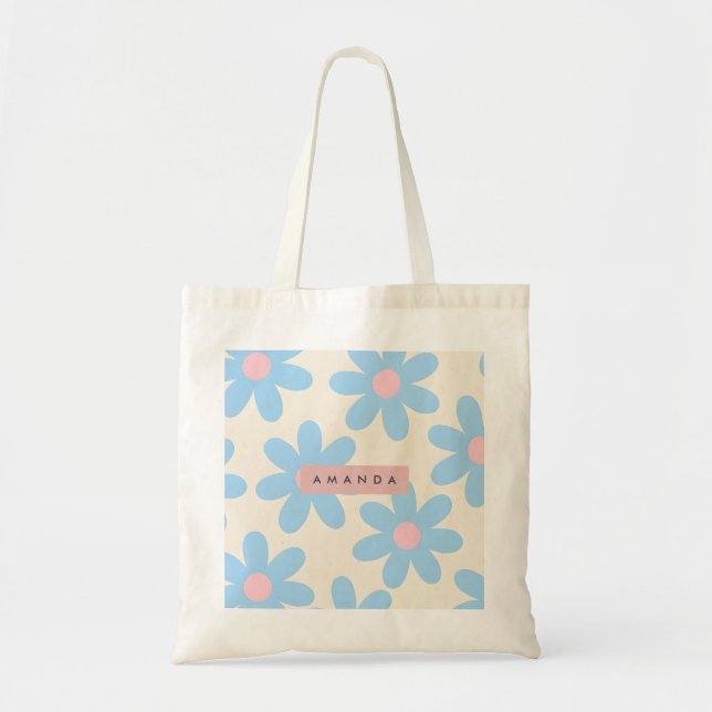 Personalisierte Retro-Pastellblaue Gänseblümchen-B Tragetasche (Vorne)