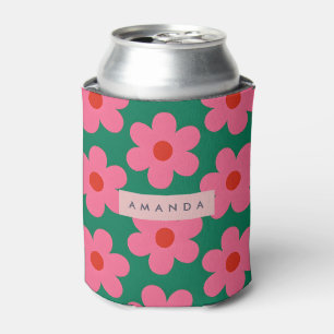 Personalisierte Retro-Rosa Gänseblümchen auf Grün Dosenkühler