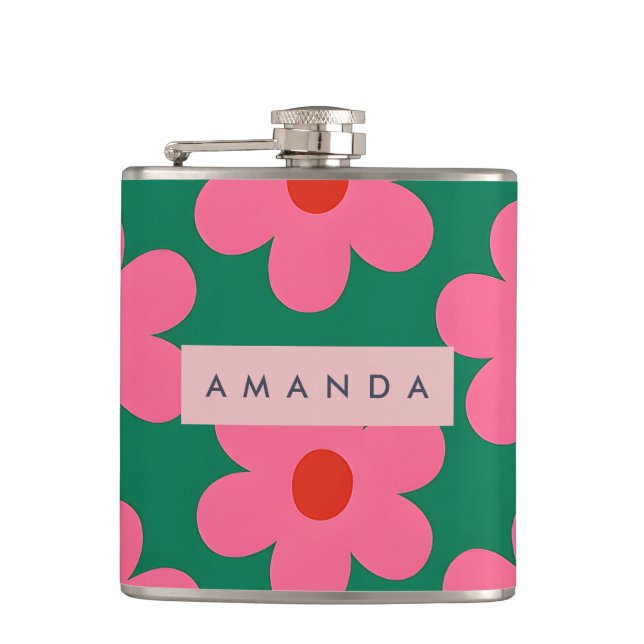 Personalisierte Retro-Rosa Gänseblümchen auf Grün Flachmann (Vorderseite)