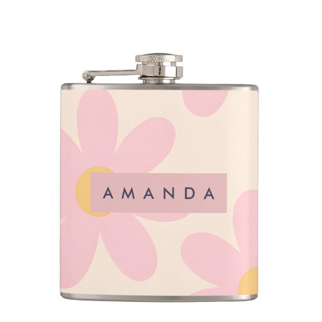 Personalisierte Retro-Rosa Gänseblümchen-Blumen Flachmann (Vorderseite)