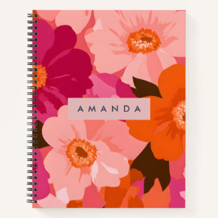Personalisierte Retro-Rosa und Orange Blumenmuster Notizbuch