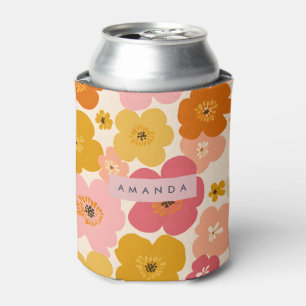 Personalisierte Retro-Senf- und rosa Blumenblüten Dosenkühler