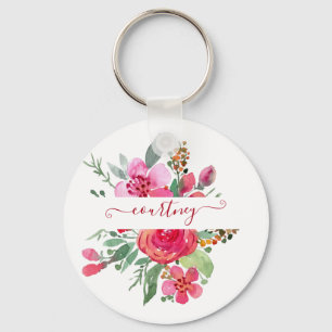 Personalisierte rosa Aquarell-Blumen Schlüsselanhänger