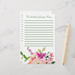 Personalisierte rosa Aquarellblumen mit Linien Briefpapier