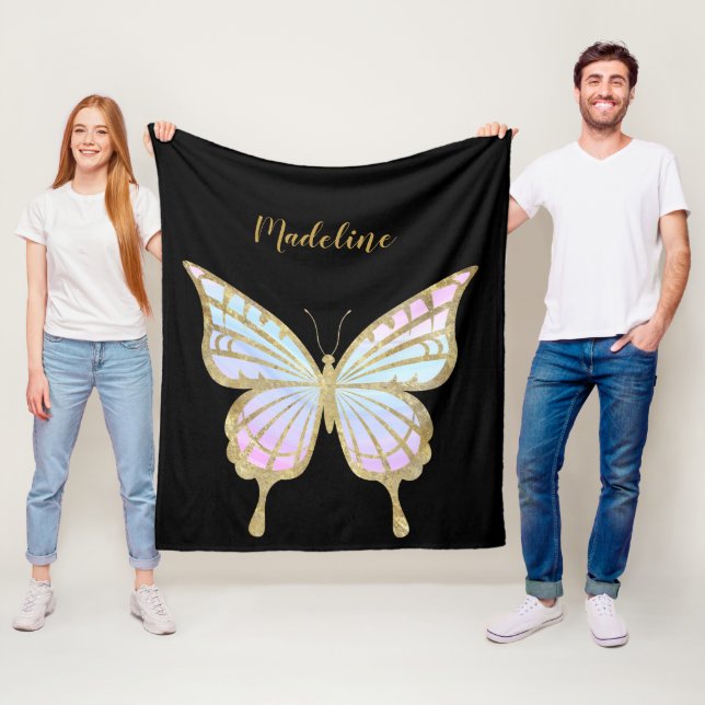Personalisierte Rosa-, Blau- und Goldschmetterling Fleecedecke (Beispiel)