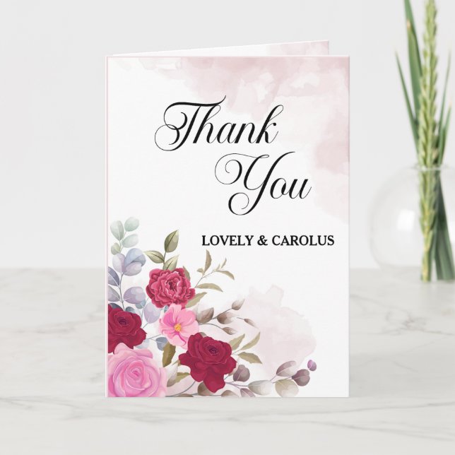 Personalisierte Rosa Blume Hochzeit Dankeskarte (Vorderseite)