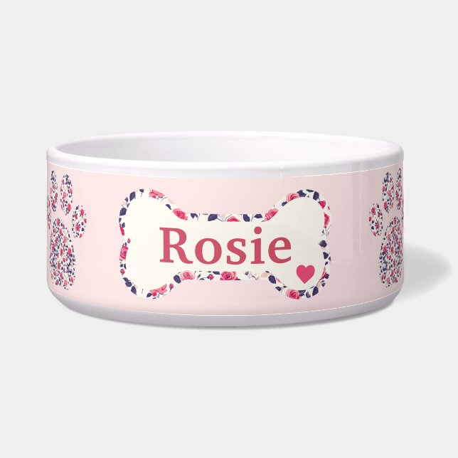 Personalisierte rosa Blumen-Hundeschüssel mit Name Napf (Vorderseite)