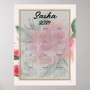 Personalisierte rosa Blumen Kalender Poster