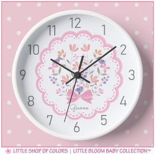 Personalisierte rosa Blumen-Mädchen-Kinderzimmer-W Uhr