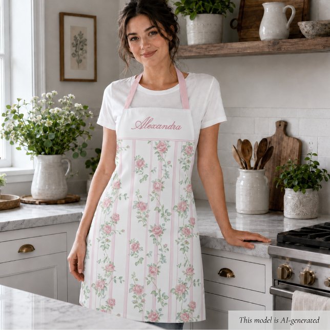 Personalisierte rosa Coquette-Rose-Blumen Schürze (elegant girly pink coquette grandmillennial floral apron with custom monogram name in calligraphy)