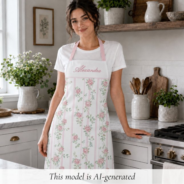 Personalisierte rosa Coquette-Rose-Blumen Schürze (elegant girly pink coquette grandmillennial floral apron with custom monogram name in calligraphy)