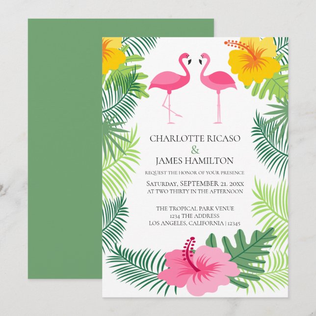 Personalisierte rosa Flamingo Tropische Hochzeit Einladung (Vorne/Hinten)