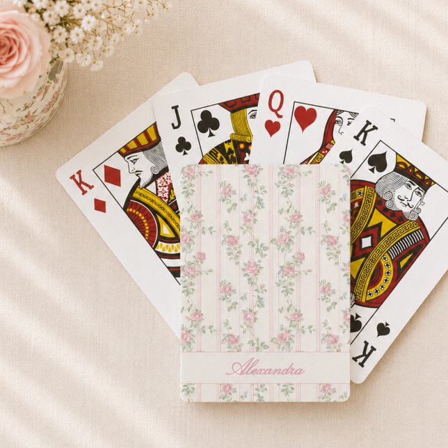 Personalisierte rosa Floral Spielkarten (elegant girly grandmillennial coquette pink rose floral playing cards with custom name monogram)