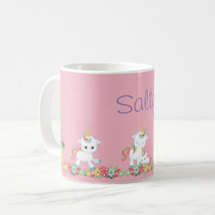 Personalisierte rosa florale Einhörner Kaffeetasse