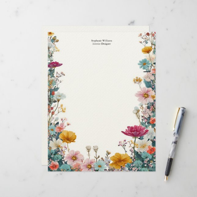 Personalisierte rosa gelbe teal Wildblumen  Briefbogen (Vorderseite/Rückseite Beispiel)