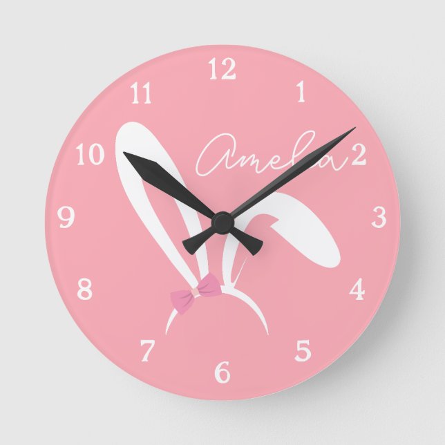 Personalisierte rosa Hasen-Kinderzimmer-Wanduhr sü Runde Wanduhr (Vorderseite)