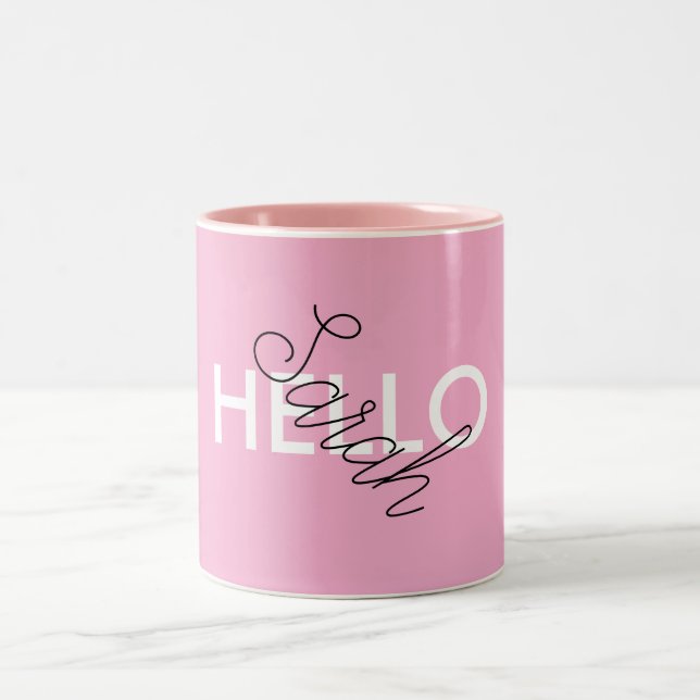 Personalisierte Rosa "Hello"-Tasse mit benutzerdef Zweifarbige Tasse (Mittel)