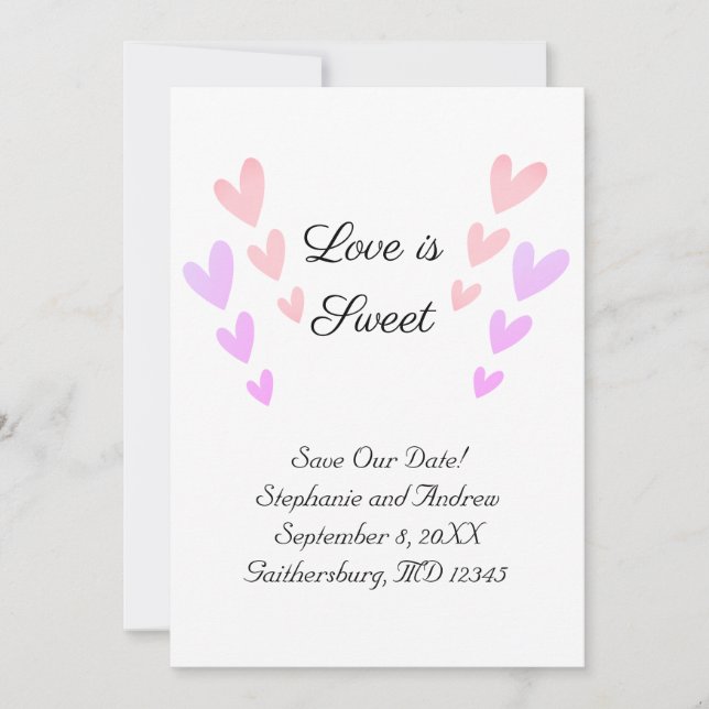 Personalisierte rosa Herz Liebe ist süße Hochzeit Save The Date (Vorderseite)