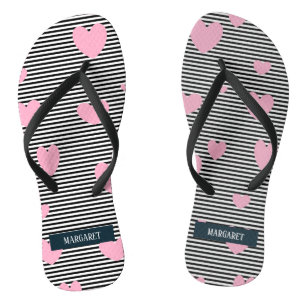 Personalisierte rosa Herzen und Streifen Flip Flops