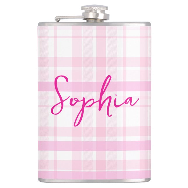Personalisierte rosa karierte Flasche mit Namen  Flachmann (Vorderseite)