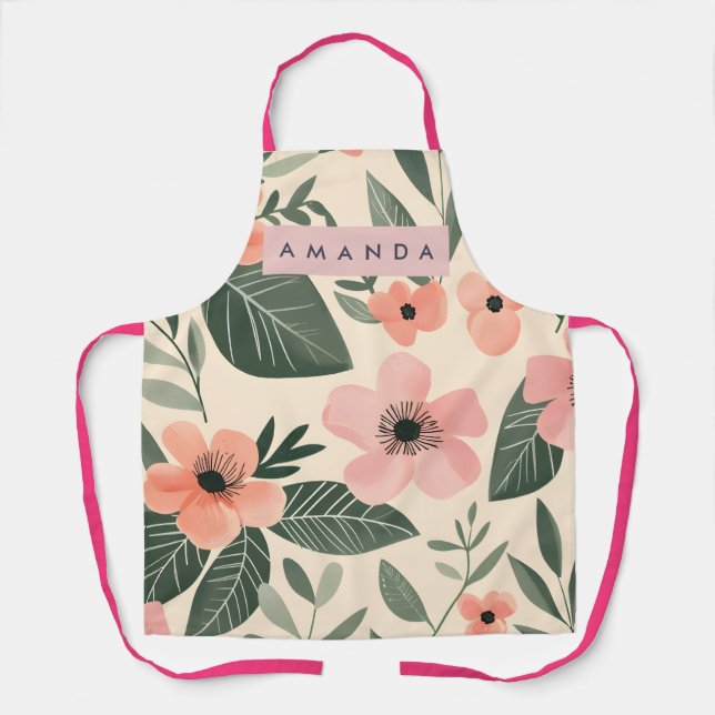 Personalisierte rosa Korallen-Blumenblätter Schürze (Vorderseite)