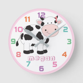 Personalisierte rosa Kuh farbige Kids Wall Clock Runde Wanduhr