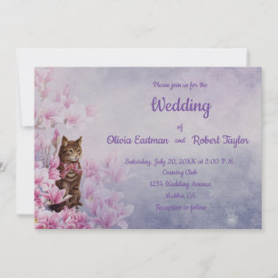 Personalisierte Rosa Magnolia- und Katzenhochzeit Einladung
