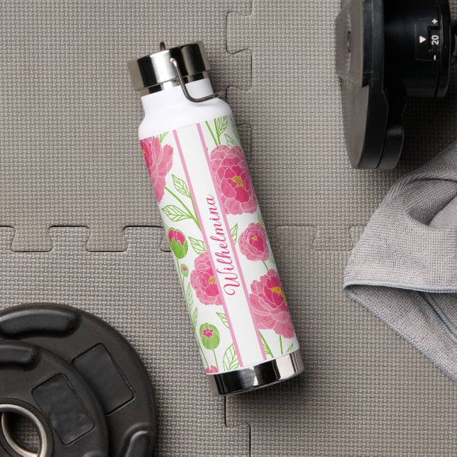 Personalisierte rosa Pfingstrose-Blumen Trinkflasche (Fitnesstudio (gedreht))